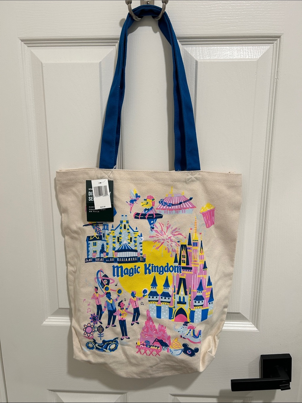 Starbucks Magic Kingdom Canvas Tote - Blue Handles, Pink & Yellow Print